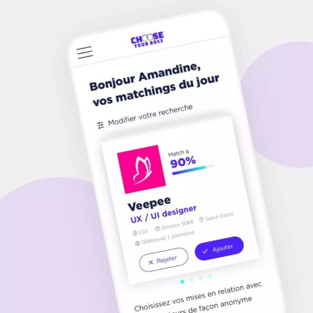 Amélioration UX / UI du parcours de recherche de "match" sur le site Choose your boss
-

🕑 2019
💼 UX / UI designer
🏷️ Figaro Classifieds

*
*
*
*
*
#siteweb
#creation
#uidesign
#uxdesign
#graphiste
#uidesigner
#application
#uxuidesign
#webdesign
#uxdesigner
#webmaster
#conception
#siteinternet
#agenceweb
#ecommerce
#uxuidesigner
#webdesigner
#designerparis
#designerfrance
#uxdesignerjobs
#designerfreelance