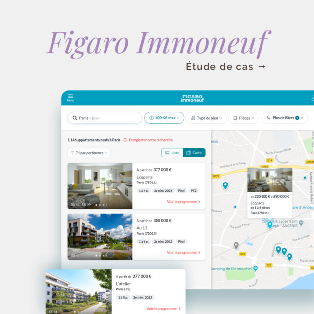 Refonte et optimisations d'un site d'annonces immobilière généraliste "Figaro Immo" & d'un site spécialisé sur la recherche de programmes neufs "Figaro Immoneuf".
-

🕑 2018 – 2022
💼 Product designer – UX / UI designer
🏷️ Figaro Classifieds

- 𝐷𝑒́𝑡𝑎𝑖𝑙𝑠 -
L'objectif principal est de refondre entièrement ces 2 sites, anciennement appelés Explorimmo et Explorimmoneuf, et de les fusionner avec le site éditorial Figaro Immobilier proposant des articles d'actualité sur l'immobilier. Dans le but d'offrir une nouvelle expérience utilisateur complète et optimale sur le parcours d'information et de recherche immobilière.
𝐾𝑃𝐼’𝑠 : +28,14% de visites unique | +29,62% de conversion utilisateur (janv. 2019 vs janv. 2022)

𝟎𝟏/ 𝐀𝐧𝐚𝐥𝐲𝐬𝐞𝐬
Datas analyses sur Google Analytics, étude des comportements utilisateur et des pain points via l’outil Heatmaps et Recordings de Hotjar. Benchmark UX. Collecte de feedbacks en ligne, organisation d’interviews et de focus group. Définition de personae, user flows et carte d’expérience utilisateur en équipe.

𝟎𝟐/ 𝐑𝐞𝐜𝐨𝐬 & 𝐭𝐞𝐬𝐭𝐬
Audit UX des sites, animation d’ateliers de brainstorming et de co-design, priorisation d’idées et de quick wins pour l’améliorer l’UX et les rendements. Création de wireframes et de prototypes interactifs, organisation de tests utilisateur physiques ou en ligne via Maze.

𝟎𝟑/ 𝐑𝐞𝐟𝐨𝐧𝐭𝐞 𝐝𝐞 𝐥’𝐔𝐈
Moodboards, planches tendances, amélioration ergonomique et graphique de la charte UI de Figaro Immo et Figaro Immoneuf, création de design systems. Refonte UI des sites, animation d’interactions, mise en page de contenus SEO et d’e-mailings, sur Sketch et Figma.

𝟎𝟒/ 𝐒𝐮𝐢𝐯𝐢 & 𝐂𝐑𝐎
Rédaction de spécifications fonctionnelles & recette. Création d'enquêtes de satisfaction, suivi et analyse de statistiques UX et business. Mise en place d’A/B tests sur AB Tasty et d'optimisations du taux de conversion.

#siteweb
#creation
#uidesign
#uxdesign
#graphiste
#uidesigner
#application
#uxuidesign
#webdesign
#uxdesigner
#webmaster
#conception
#siteinternet
#agenceweb
#ecommerce
#uxuidesigner
#webdesigner
#designerparis
#designerfrance
#uxdesignerjobs
#designerfreelance