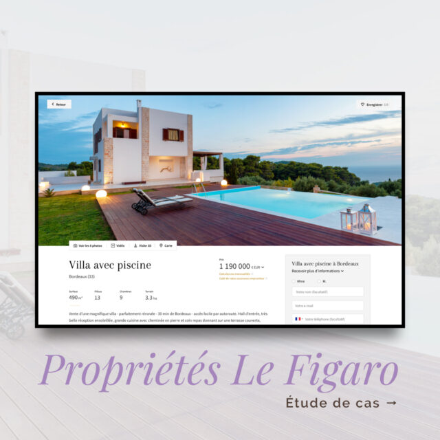 Refonte et optimisation de l'expérience utilisateur du site Propriétés Le Figaro.
-

🕑 2018 – 2022
💼 Product designer – UX / UI designer
🏷️ Figaro Classifieds

- 𝐷𝑒́𝑡𝑎𝑖𝑙𝑠 -
Propriétés Le Figaro est un site proposant des annonces de biens de luxe : Châteaux, Propriétés, Villas, etc.
L’objectif principal est d’apporter continuellement des optimisations ergonomiques, graphiques et fonctionnelles, pour moderniser le site, faire évoluer son expérience utilisateur, et développer l’audience internationale.
Dans le but d’atteindre et de conserver sa position de leader sur le marché de l’immobilier de luxe.
𝐾𝑃𝐼’𝑠 : +49,46% de visites unique | +63,81% de conversion utilisateur (janv. 2019 vs janv. 2022)

𝟎𝟏/ 𝐀𝐧𝐚𝐥𝐲𝐬𝐞𝐬
Datas analyses sur Google Analytics, étude des comportements utilisateur et des pain points via l’outil Heatmaps et Recordings de Hotjar. Benchmark. Mise en place d’enquêtes utilisateur en ligne. Identification des problématiques et opportunités d’améliorations, recherches sur les usages et besoins des utilisateurs internationaux. 

𝟎𝟐/ 𝐑𝐞𝐜𝐨𝐦𝐦𝐚𝐧𝐝𝐚𝐭𝐢𝐨𝐧𝐬
Animation d’ateliers de brainstorming. Audit du site et recommandations à partir des analyses pour l’améliorer l’expérience utilisateur et les rendements. Création de wireframes et de prototypes interactifs, organisation de tests utilisateur.

𝟎𝟑/ 𝐑𝐞𝐟𝐨𝐧𝐭𝐞 𝐝𝐞 𝐥’𝐢𝐧𝐭𝐞𝐫𝐟𝐚𝐜𝐞 𝐮𝐭𝐢𝐥𝐢𝐬𝐚𝐭𝐞𝐮𝐫
Moodboard et analyses des tendances web et luxe. Optimisation ergonomique et graphique de l’interface utilisateur, création d’un design system. Refonte UI du site, animation d’interactions, mise en page de contenus SEO et d’e-mailings, sur Sketch et Figma.

𝟎𝟒/ 𝐒𝐮𝐢𝐯𝐢 & 𝐂𝐑𝐎
Création d’enquêtes de satisfaction, suivi et analyse de statistiques UX et business. Mise en place d’A/B tests sur AB Tasty et d’optimisations du taux de conversion.

*
*
*
*
*
#siteweb
#creation
#uidesign
#uxdesign
#graphiste
#uidesigner
#application
#uxuidesign
#webdesign
#uxdesigner
#webmaster
#conception
#siteinternet
#agenceweb
#ecommerce
#uxuidesigner
#webdesigner
#designerparis
#designerfrance
#uxdesignerjobs
#designerfreelance